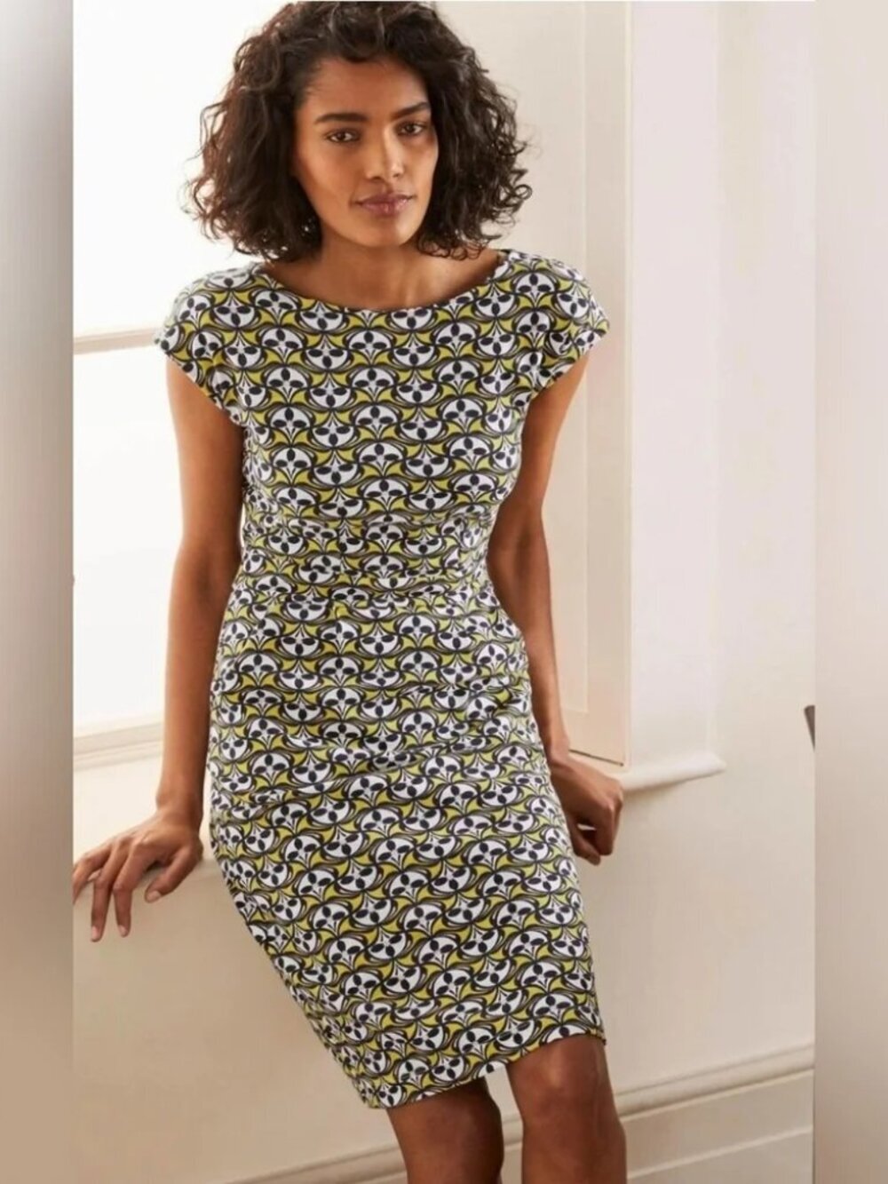 Boden Florrie Jersey Mini Dress Chartreuse Navy Fan Pattern Art Deco Yellow 14R